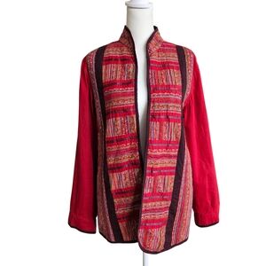 Coldwater Creek Red Embroidered Cotton Boho Jacket Open Front S Mandarin Collar